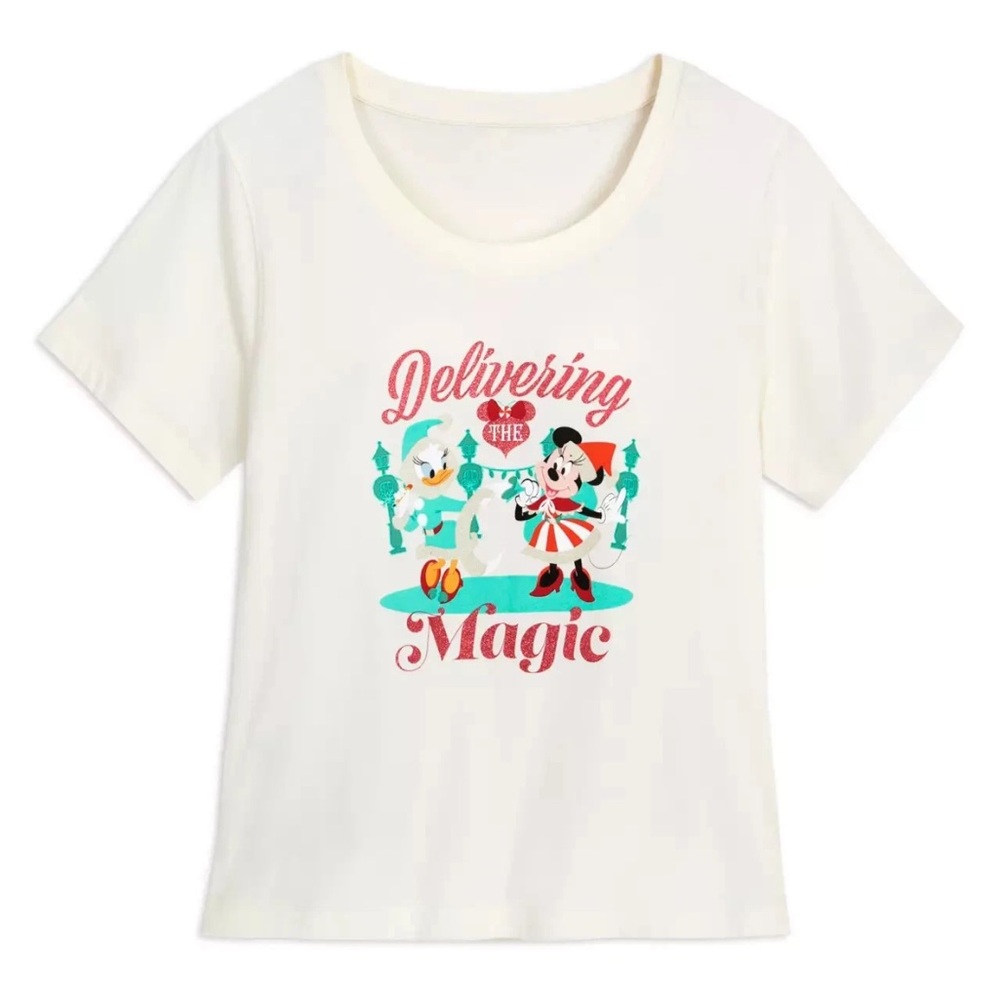 Disney Parks Minnie & Daisy Elfin Around Holiday Glitter Cream Graphic T-Shirt
